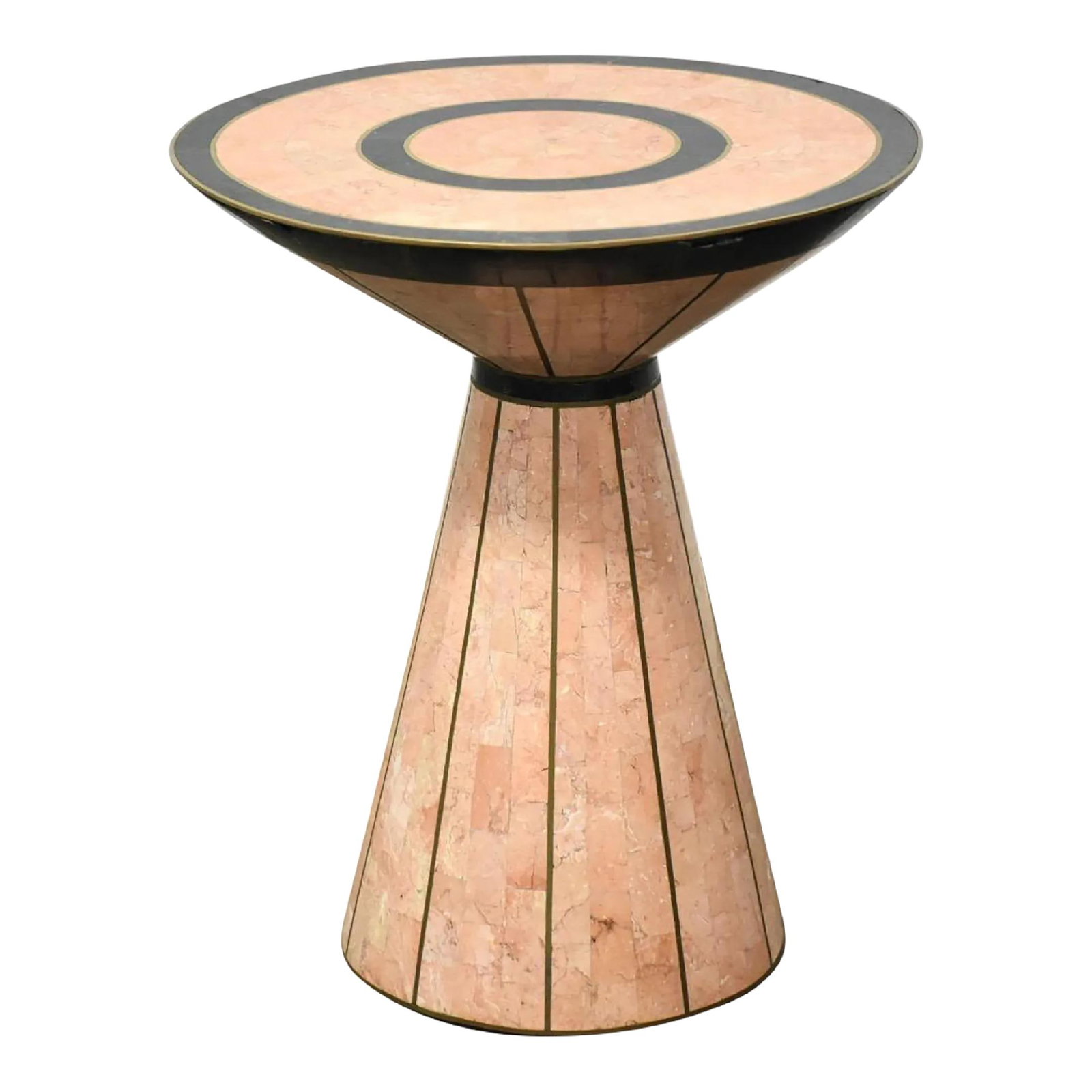 Post-Modern Pink Tessellated Stone Brass Inlay Hourglass End Table: Post-Modern Pink Tessellated Stone Brass Inlay Hourglass End Table This post-modern end table features a unique hourglass shape crafted from light pink tessellated stone with brass inlay accents. It s
