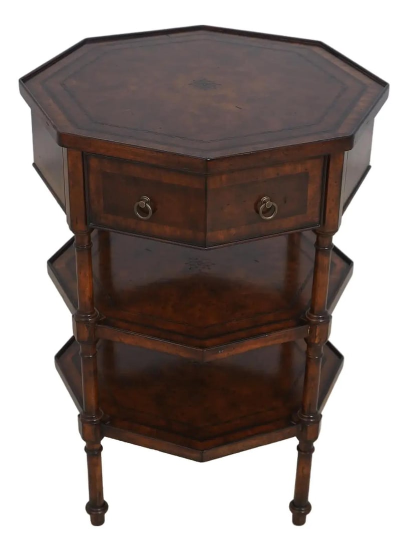 Maitland Smith Burl Walnut 3 Tier Occasional Table with Drawer: Maitland Smith Burl Walnut 3 Tier Occasional Table with Drawer Elevate your living space with this stunning Maitland Smith Burl Wood 3 Tier Occasional Table. Crafted with a factory-distressed finish, 