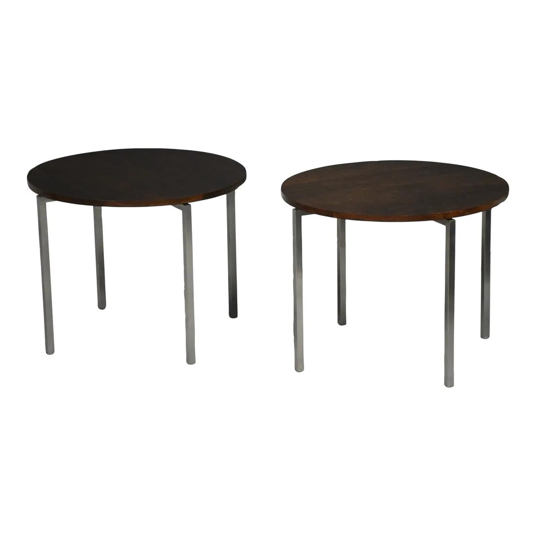 Pair of Mid Century Modern Round Walnut End Tables by Florence Knoll: Pair of Mid Century Modern Round Walnut End Tables by Florence Knoll This pair of mid-century modern round end tables was designed by Florence Knoll and features walnut tops with steel legs. The table