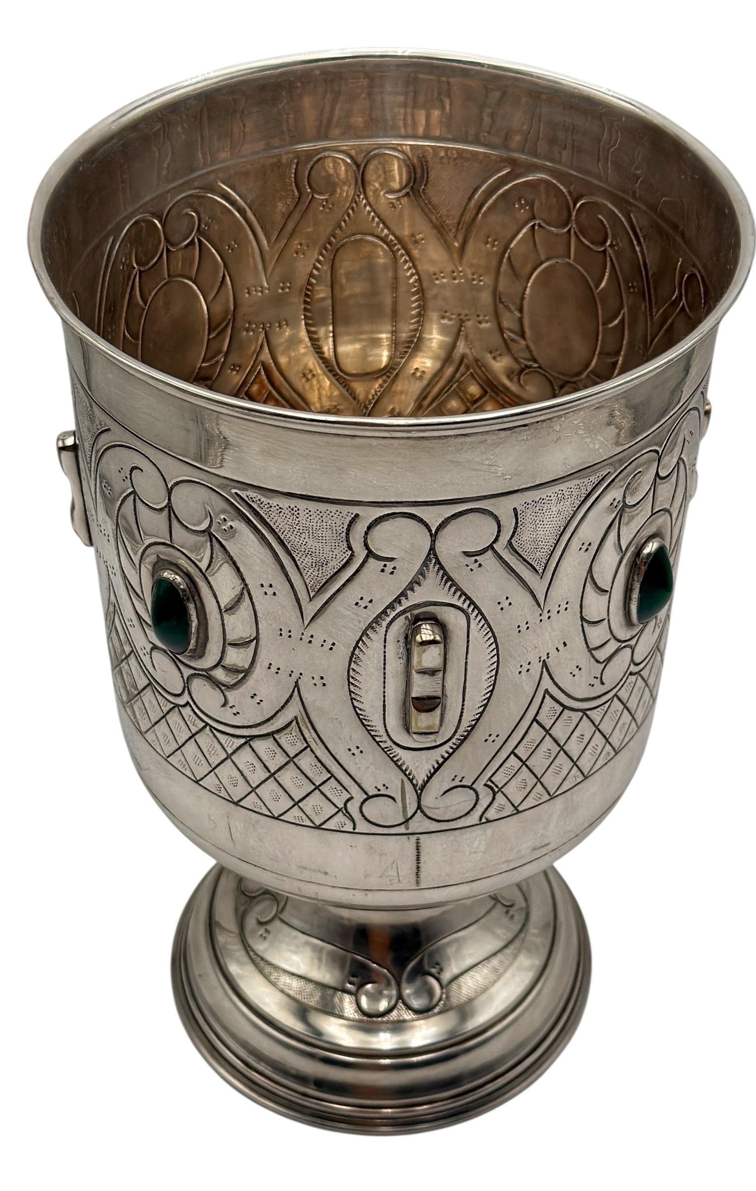 Mexican Alpaca Silver Wine Cooler with Green Onyx Spanish Colonial Revival: Mexican Alpaca Silver Wine Cooler with Green Onyx Spanish Colonial Revival This large Mexican Spanish Colonial Revival wine bucket is crafted from Alpaca silver, a copper-nickel alloy known for its du