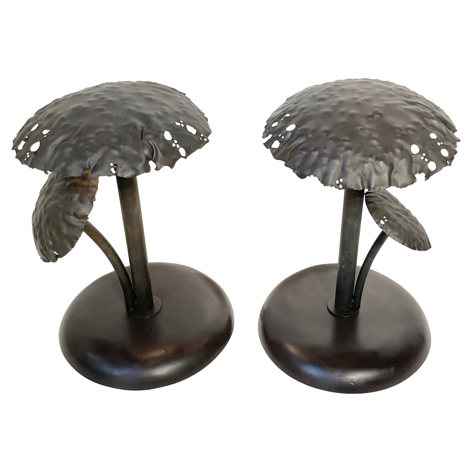 Set of Two Italian Bronze Mid-Century Modern Mushroom Lamps: Set of Two Italian Bronze Mid-Century Modern Mushroom Lamps This pair of mid-century Italian mushroom lamps features a patinated bronze construction with a naturalistic design. Each lamp includes two 