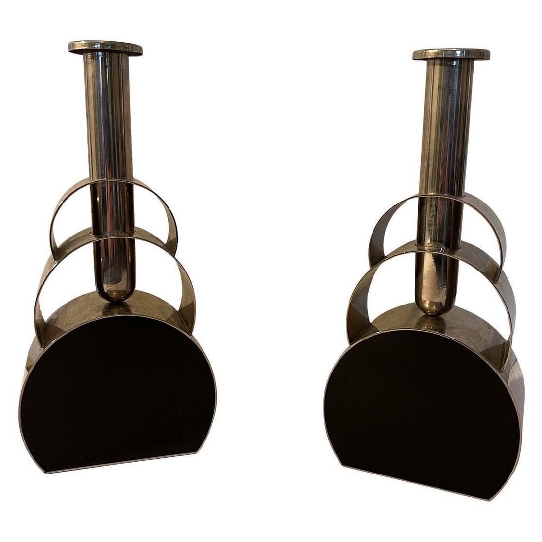 Pair of Chrome and Black Enamel Mid-Century Candle Holders or Bud Vases: Pair of Chrome and Black Enamel Mid-Century Candle Holders or Bud Vases This set includes two mid-century modern candlesticks or bud vases, crafted from chrome and finished with black enamel. Featurin