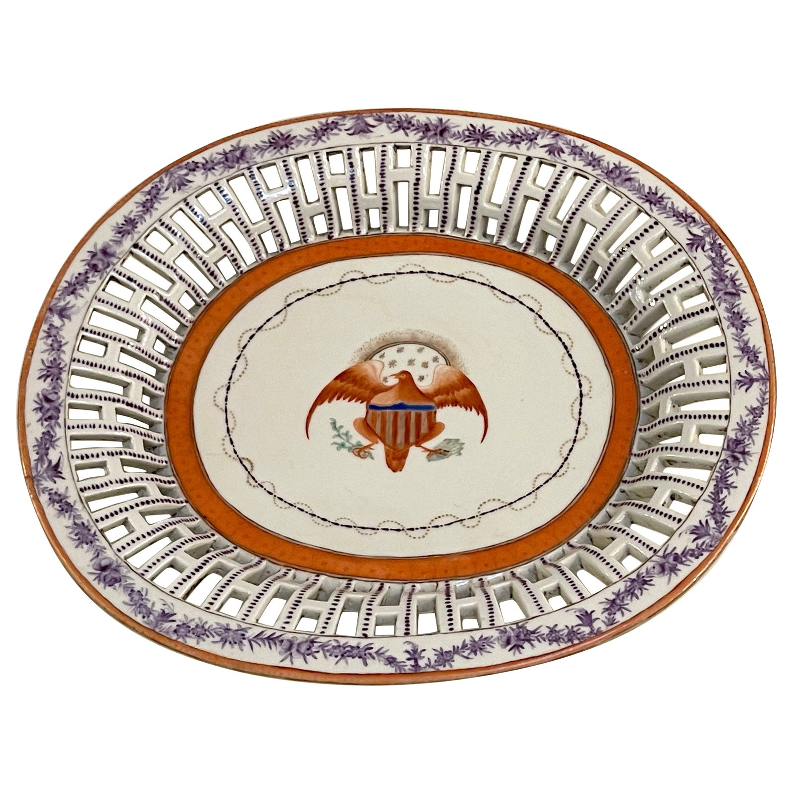 19th Century Chinese Export Eagle Armorial Porcelain Tray: 19th Century Chinese Export Eagle Armorial Porcelain Tray This exquisite 19th-century Chinese Export Eagle Armorial Porcelain Oval Reticulated Tray is crafted for the American market and showcases exc