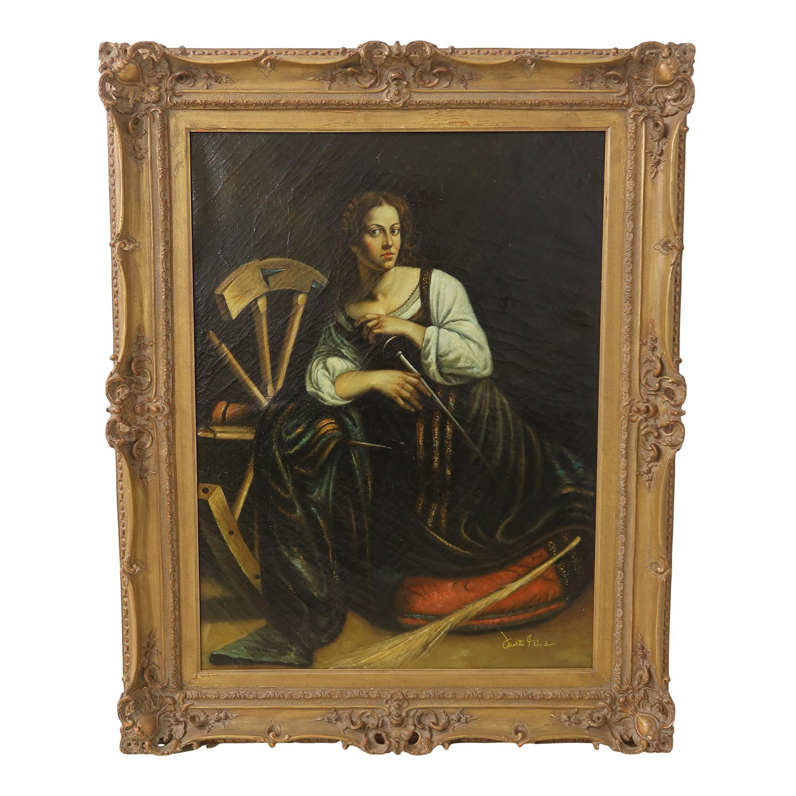 Ornate Gold Frame Oil Painting Woman with Sword 40 Years Old: Ornate Gold Frame Oil Painting Woman with Sword 40 Years Old This stunning large oil painting on canvas features a captivating depiction of a woman with a sword, elegantly framed in an ornate gold fra