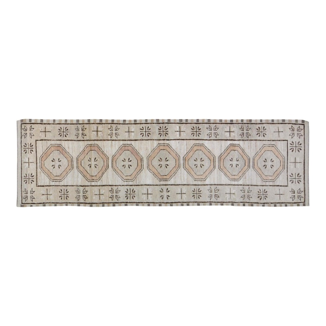 2'8 x 10'4 Wool Runner Hand Knotted in Oushak Turkish Style: 2'8 x 10'4 Wool Runner Hand Knotted in Oushak Turkish Style This Turkish Oushak hand-knotted wool rug is crafted using traditional techniques, offering a blend of timeless artistry and modern design. 