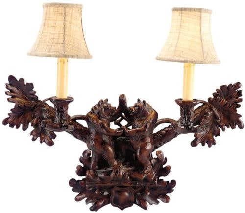 Lodge Style Dancing Bears Resin Wall Sconce with Burnt Umber Finish: Lodge Style Dancing Bears Resin Wall Sconce with Burnt Umber Finish Illuminate your space with this charming Lodge Style Dancing Bears Wall Light. This medium-sized wall sconce features a delightful d