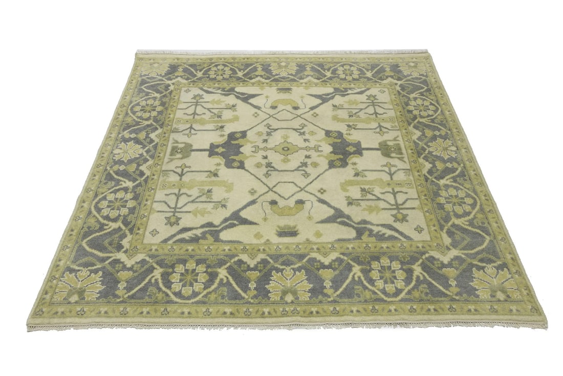 Square 8x8 ft Wool Oushak Rug With Hand-Knotted Floral Pattern: Square 8x8 ft Wool Oushak Rug With Hand-Knotted Floral Pattern This large hand-knotted Oushak oriental rug features a square shape and a floral pattern in muted tones of cream, taupe, and beige. Craft