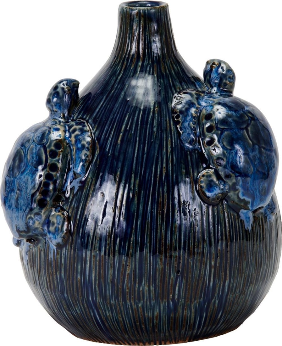 Handmade Blue Turtle Vase 10H 8.5W 8.5D for Home Decor: Handmade Blue Turtle Vase 10H 8.5W 8.5D for Home Decor This artisanal blue turtle vase is a stunning addition to your home decor. Handmade with care, it features a unique turtle design that adds a tou