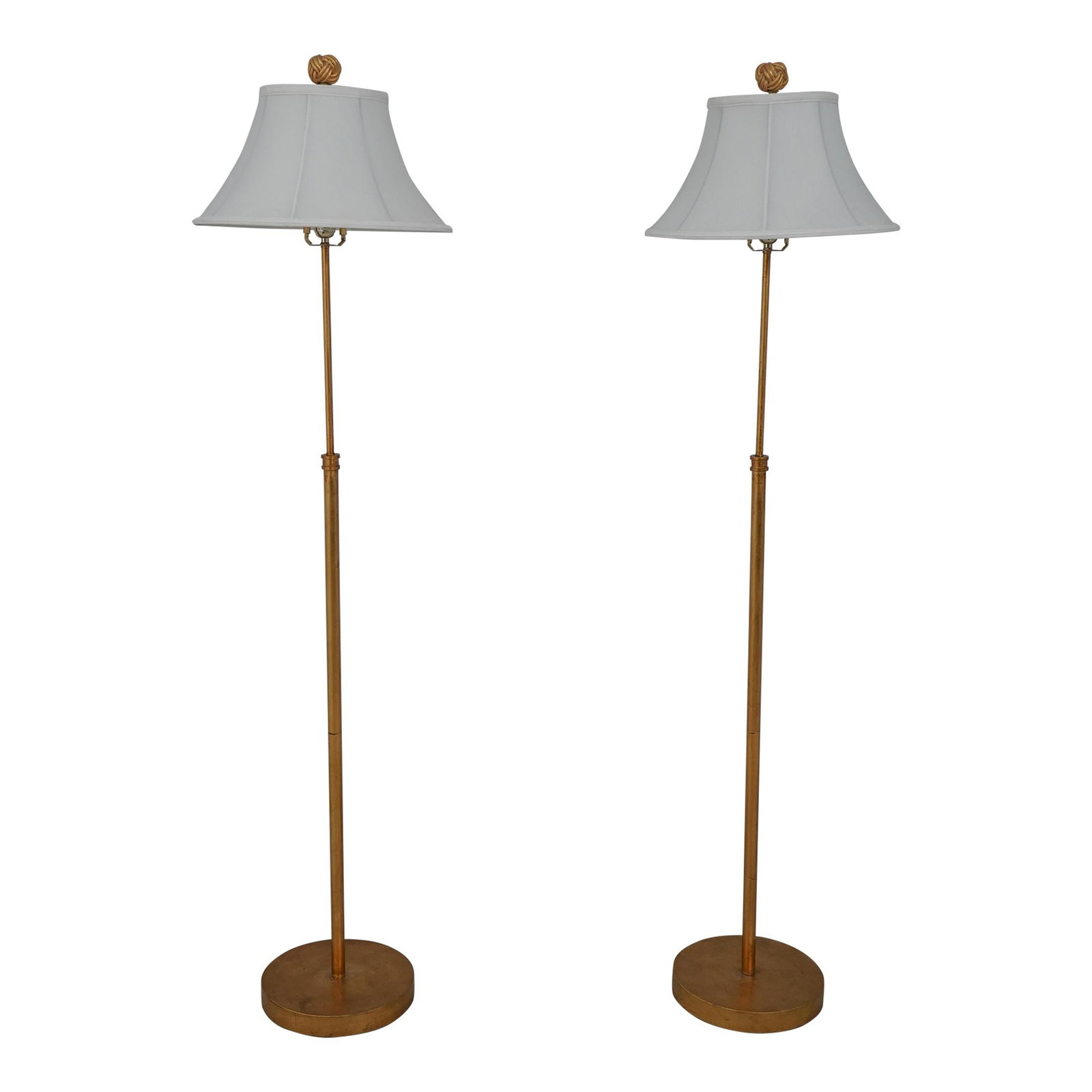 Elegant Pair of Gold Finish Modern Floor Lamps: Elegant Pair of Gold Finish Modern Floor Lamps This stunning pair of modern design floor lamps features a striking gold finish that adds a touch of elegance to any decor. Crafted with quality construc