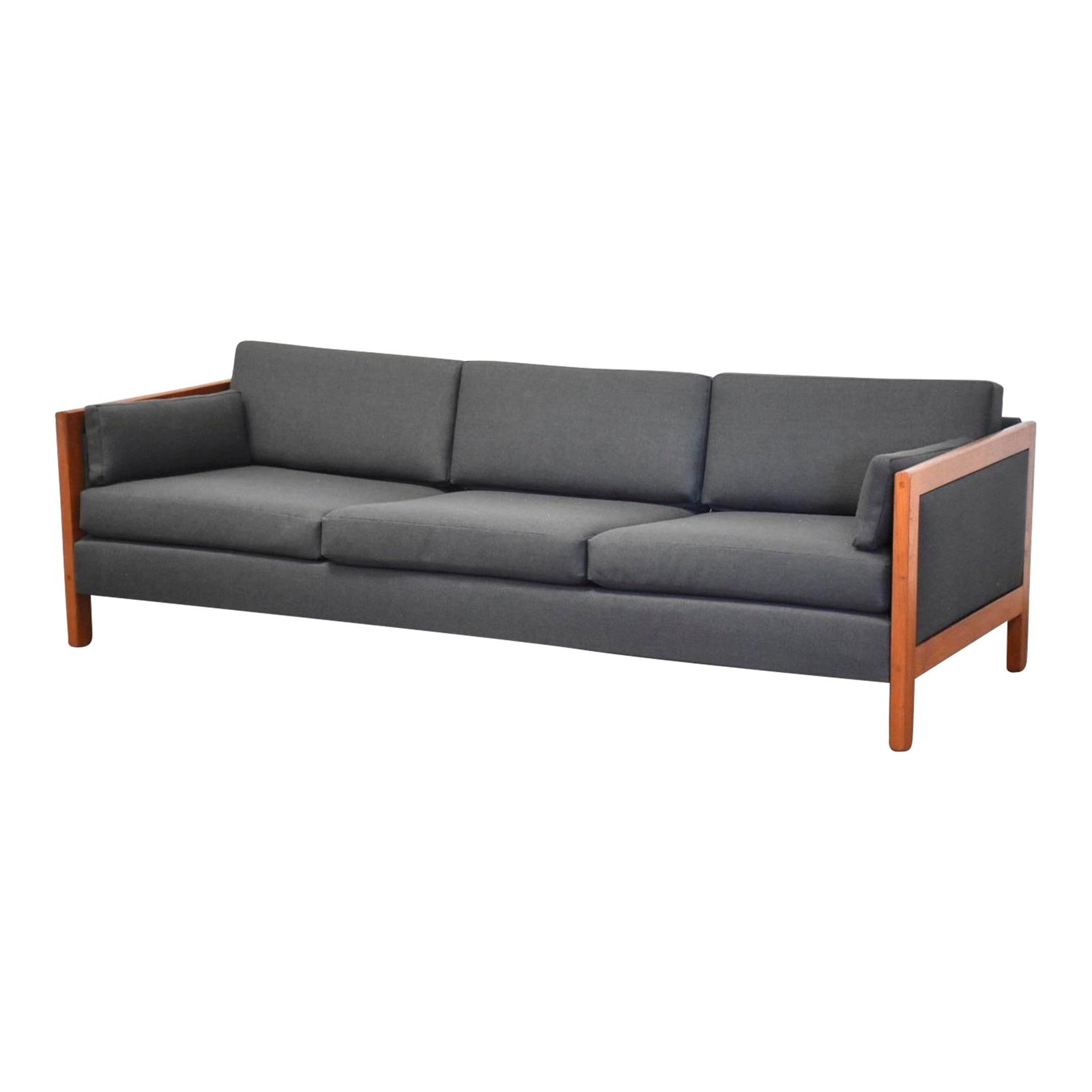 Mid Century Modern Teak Grey Sofa Professionally Reupholstered 83 Inch: Mid Century Modern Teak Grey Sofa Professionally Reupholstered 83 Inch This mid-century modern sofa features a stylish teak frame complemented by a sleek grey upholstery. The professionally reupholste