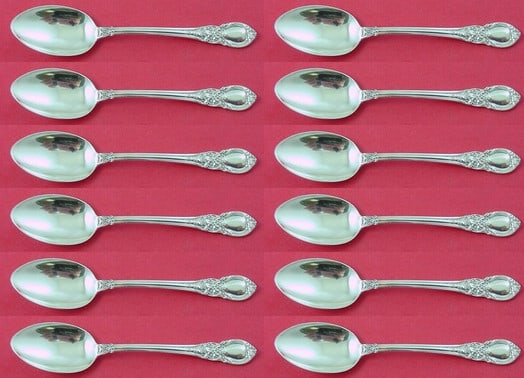 Lunt American Victorian Sterling Silver Teaspoon Set 12 Pieces 5 3/4": Lunt American Victorian Sterling Silver Teaspoon Set 12 Pieces 5 3/4" This exquisite set of 12 teaspoons, crafted in the American Victorian pattern by Lunt, showcases the elegance of sterling silver. 