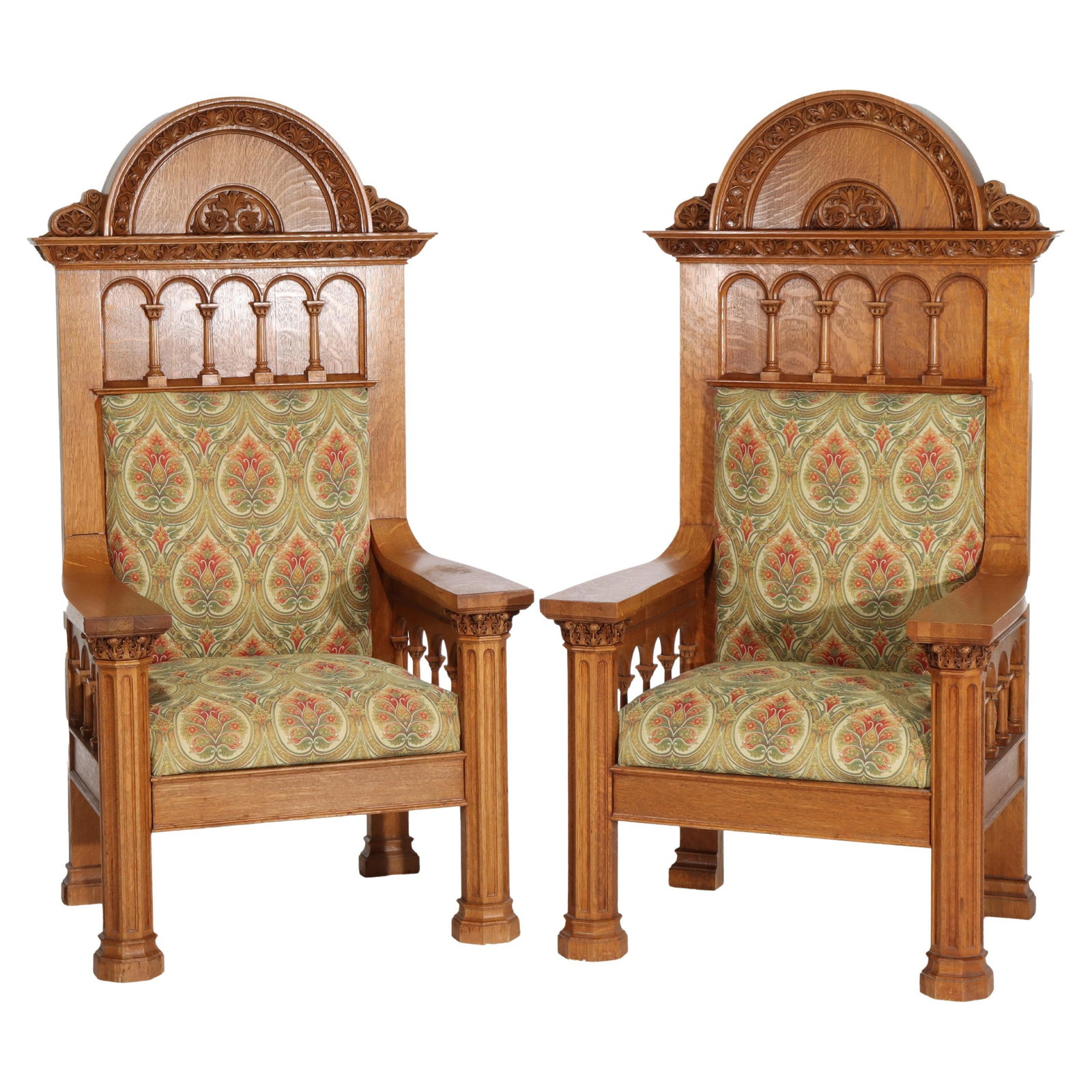 Gothic Oak Armchairs Set of 2 C1890 with Intricate Carvings: Gothic Oak Armchairs Set of 2 C1890 with Intricate Carvings This exquisite pair of oversized Gothic armchairs, crafted from oak and dating back to circa 1890, showcases the intricate carvings characte