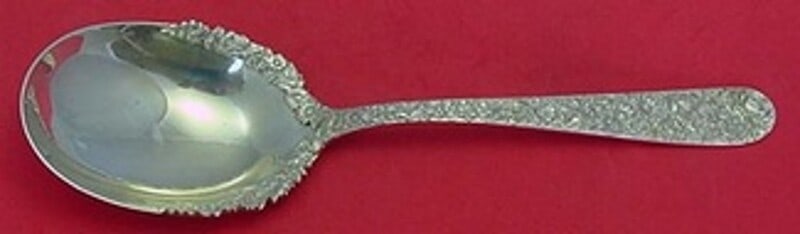 Kirk Sterling Silver Repousse Berry Spoon 9.5 Inch with Lacing: Kirk Sterling Silver Repousse Berry Spoon 9.5 Inch with Lacing This exquisite sterling silver berry spoon, crafted by Kirk, features a beautiful Repousse pattern with applied lacing detail. Measuring 