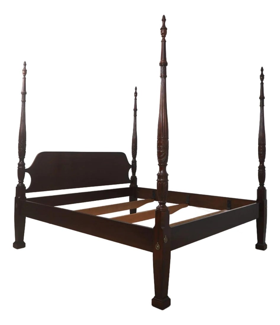 Mahogany King Poster Bed Sheridan Style from 18th Century Collection: Mahogany King Poster Bed Sheridan Style from 18th Century Collection This Drexel king size poster bed from the 18th Century Collection features quality Sheridan and traditional styling with bolted rai