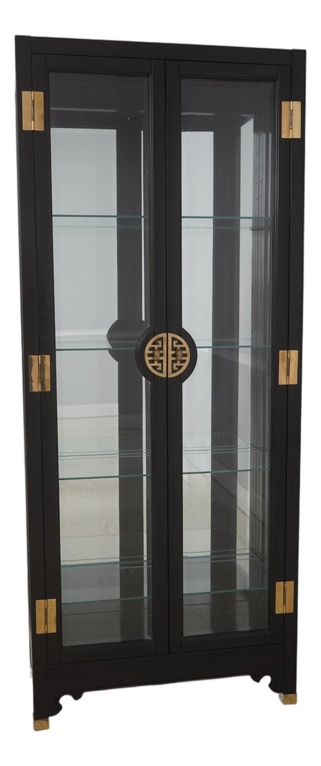 Chinoiserie Inspired Black Curio Cabinet With Glass Shelves and Mirrored Back: Chinoiserie Inspired Black Curio Cabinet With Glass Shelves and Mirrored Back This ebonized black curio display cabinet features a chinoiserie-inspired modern design with a quality construction. It in