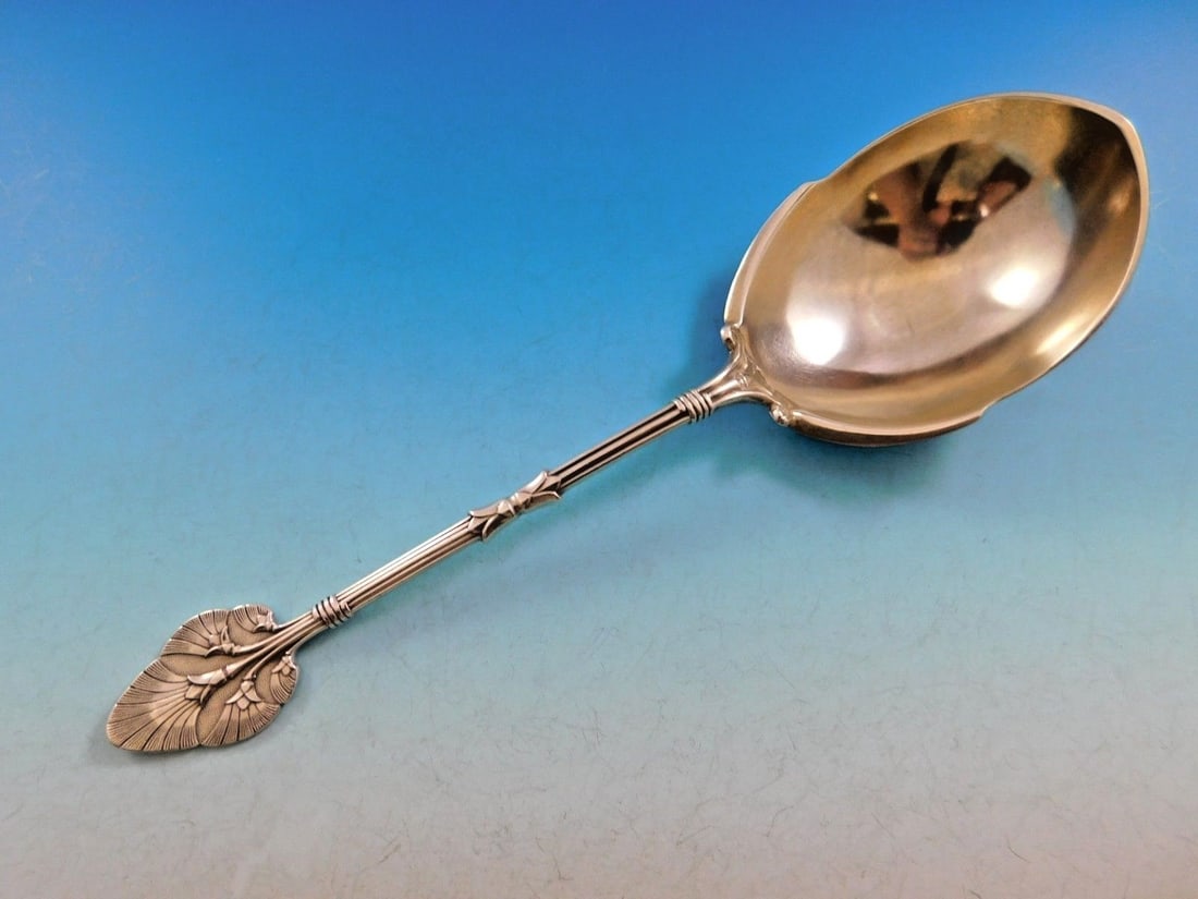 Whiting Sterling Silver 9 Inch Lotus Berry Spoon Monogrammed 1869: Whiting Sterling Silver 9 Inch Lotus Berry Spoon Monogrammed 1869 This exquisite antique sterling silver berry spoon, crafted by Whiting Manufacturing Company, dates back to 1869 and features the eleg