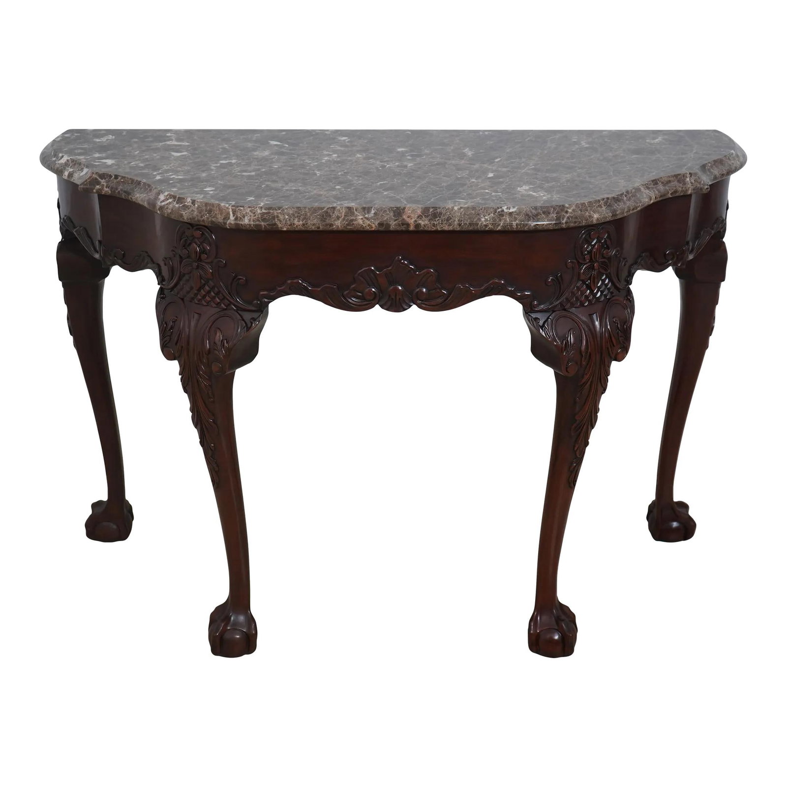 Henkel Harris Model 5752 Georgian Console Table Mahogany with Marble Top: Henkel Harris Model 5752 Georgian Console Table Mahogany with Marble Top This exquisite Henkel Harris Model 5752 Console Table showcases a stunning brown mahogany construction with intricate carved de