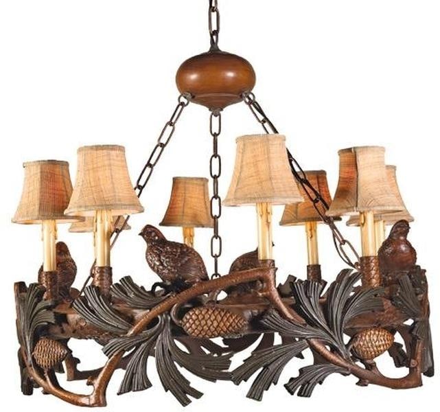 Rustic Lodge Style Quail Chandelier USA Hand-Cast Resin: Rustic Lodge Style Quail Chandelier USA Hand-Cast Resin This item is made at time of order. Please allow 42 to 70 days for production. Illuminate your space with this exquisite Quail Chandelier, a stu