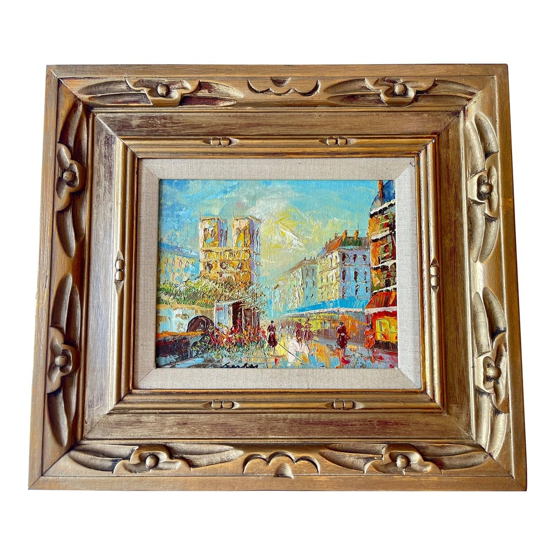 Impressionist Oil Painting of Notre Dame and Paris Flower Market Attributed to Malivani: Impressionist Oil Painting of Notre Dame and Paris Flower Market Attributed to Malivani This exquisite framed oil on canvas artwork captures a stunning impressionistic view of Notre Dame alongside the