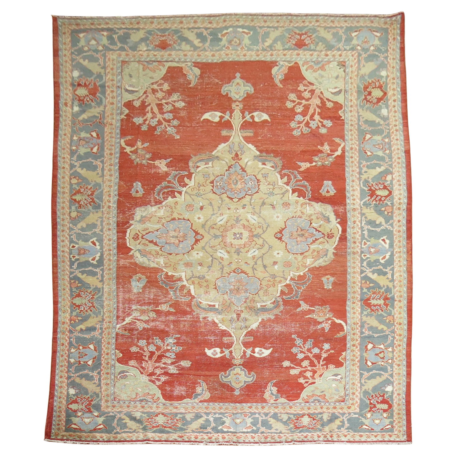 Antique Persian Ziegler Mahal Rug 10' x 14' Wool Sultanabad Style: Antique Persian Ziegler Mahal Rug 10' x 14' Wool Sultanabad Style Discover the elegance of the Zabihi Collection with this stunning Worn Antique Ziegler Mahal Rug. Handcrafted in Iran during the late 