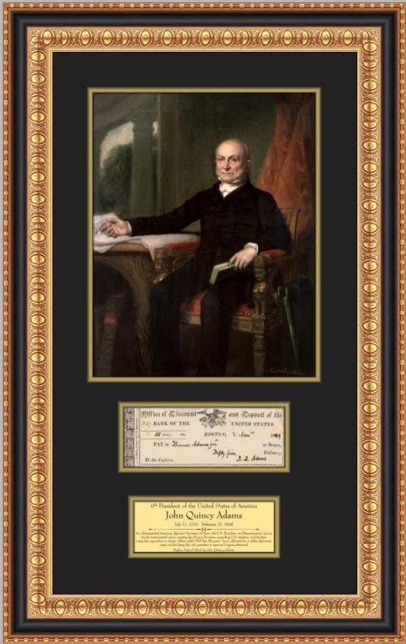 Framed John Quincy Adams Facsimile Signed Check Display with Portrait: Framed John Quincy Adams Facsimile Signed Check Display with Portrait This custom-framed display features a facsimile reproduction of a check signed by John Quincy Adams, the 6th President of the Unit