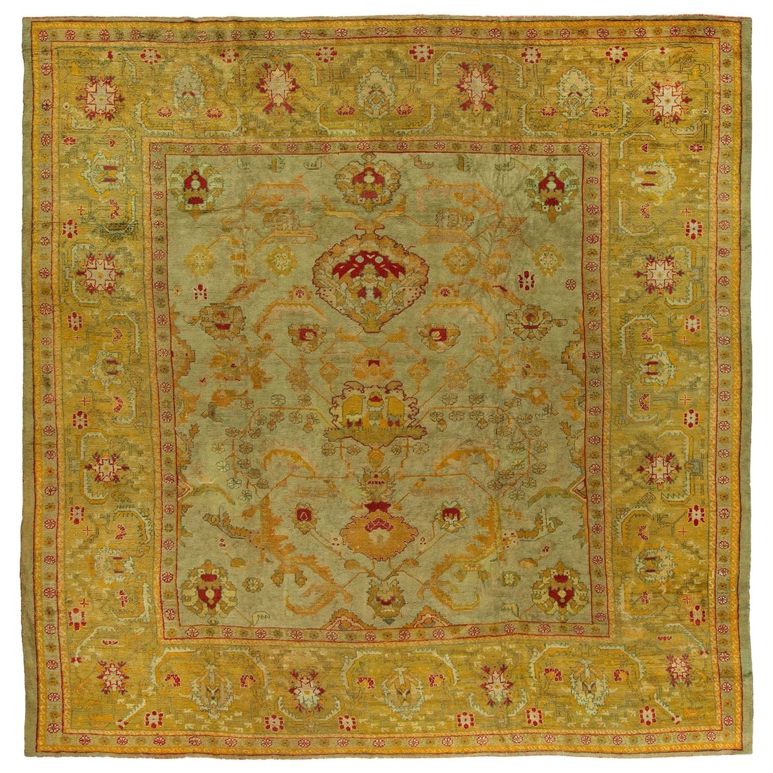 Antique Turkish Oushak Rug 12' x 12'2'' Hand-Woven Wool circa 1900: Antique Turkish Oushak Rug 12' x 12'2'' Hand-Woven Wool circa 1900 Presenting the Zabihi Collection Antique Turkish Square Oushak Rug, a stunning piece that showcases the rich heritage of Turkish craf