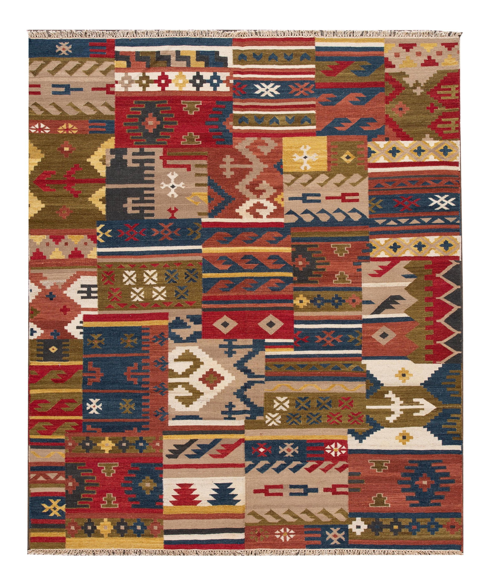 Modern Kilim Rug 8'3" x 9'8" Hand-Woven Wool Tan Multi-Color: Modern Kilim Rug 8'3" x 9'8" Hand-Woven Wool Tan Multi-Color Enhance your space with this stunning hand-woven modern Kilim rug, featuring a warm tan field complemented by vibrant multi-color accents i