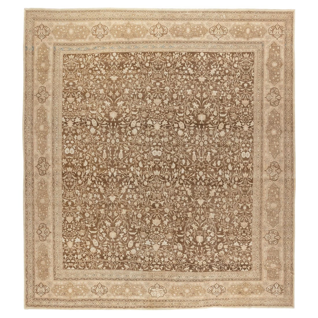 Authentic 1920s Large Square Persian Tabriz Wool Rug: Authentic 1920s Large Square Persian Tabriz Wool Rug This exquisite large square Persian Tabriz rug is a stunning addition to any home, measuring 13' x 14'4". Hand-woven from high-quality wool, this a