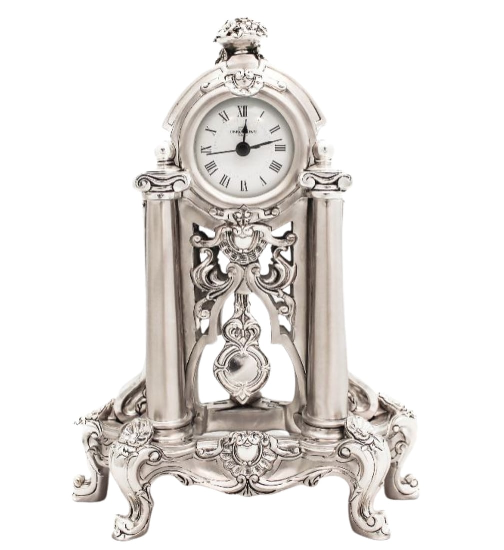 Italian Silver Plated Handmade Floral Chased Table Clock with Pendulum: Italian Silver Plated Handmade Floral Chased Table Clock with Pendulum This exquisite table clock showcases fine Italian craftsmanship with its elegant silver plating and ornate floral chased designs.