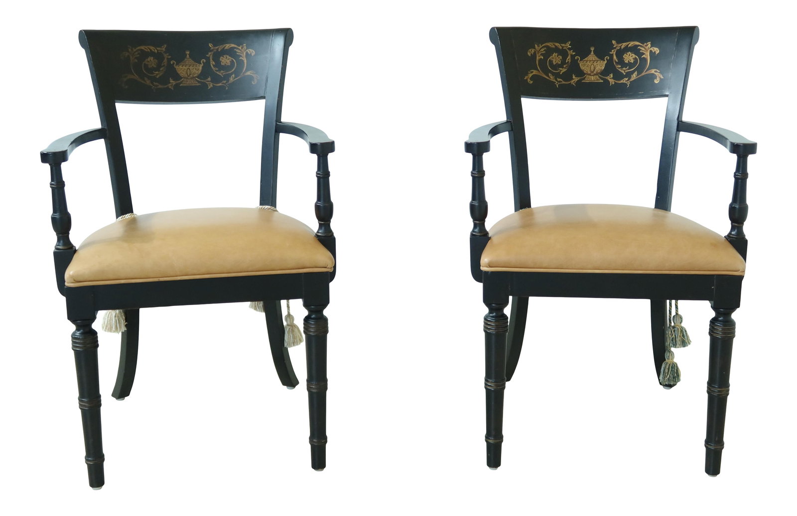 Drexel Neo Classical Black Armchairs Pair with Gold Accents: Drexel Neo Classical Black Armchairs Pair with Gold Accents This exquisite pair of Drexel Neo Classical armchairs showcases a stunning black lacquer finish adorned with elegant gold decoration. Crafte