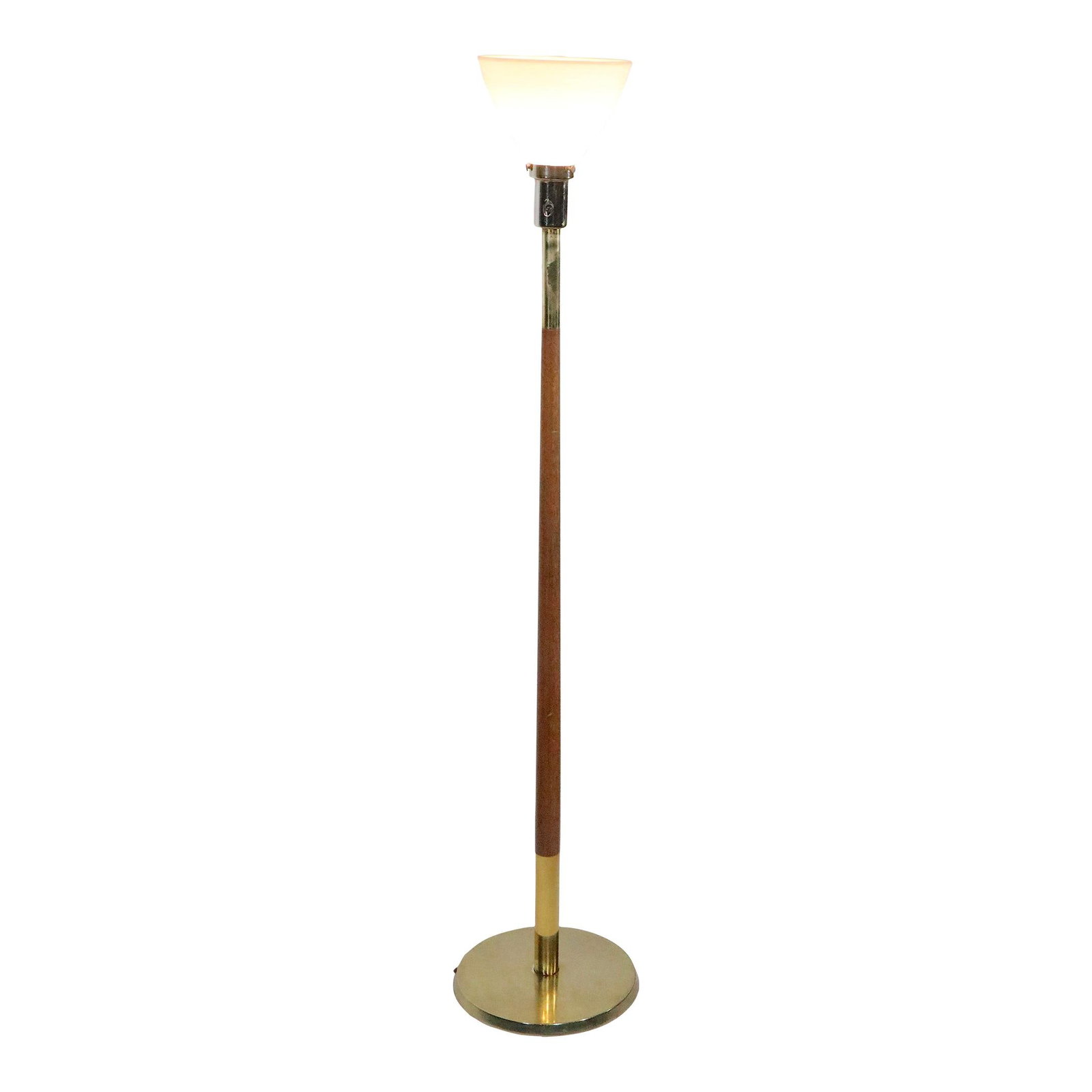 Gerald Thurston Mid Century Floor Lamp Walnut Brass Chrome 54": Gerald Thurston Mid Century Floor Lamp Walnut Brass Chrome 54" This elegant Mid Century floor lamp, designed by Gerald Thurston, is a striking addition to any space. Crafted around the 1950s to 1960s,