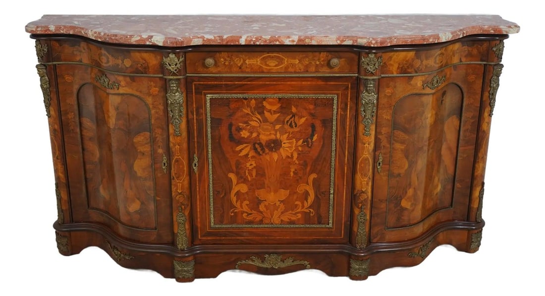Italian Olivewood Sideboard Credenza with Rose Marble Top: Italian Olivewood Sideboard Credenza with Rose Marble Top This exquisite sideboard credenza features a stunning beveled marble top in a lovely rose color. Crafted from beautiful olivewood, it showcase