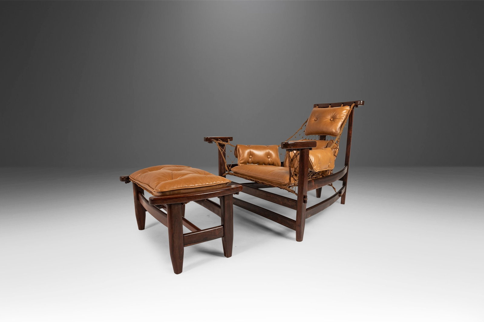 Jean Gillon Jangada Lounge Chair Ottoman Set Jacaranda Leather Brazil 1960s: Jean Gillon Jangada Lounge Chair Ottoman Set Jacaranda Leather Brazil 1960s Introducing the Jean Gillon 'Jangada' Lounge Chair and Ottoman, an exquisite piece of functional art from Brazil, crafted in