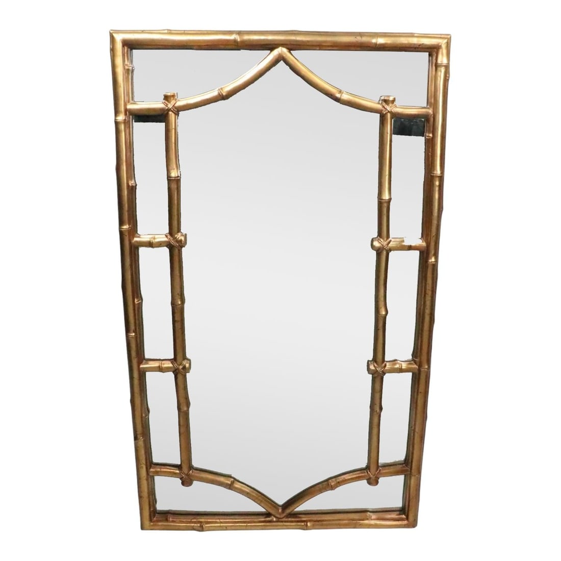 1970s Hollywood Regency Turner Faux Bamboo Gilt Wall Mirror: 1970s Hollywood Regency Turner Faux Bamboo Gilt Wall Mirror This elegant Hollywood Regency style mirror showcases a chic Chinese Chippendale Revival design from the 1970s, crafted by Turner. The faux 