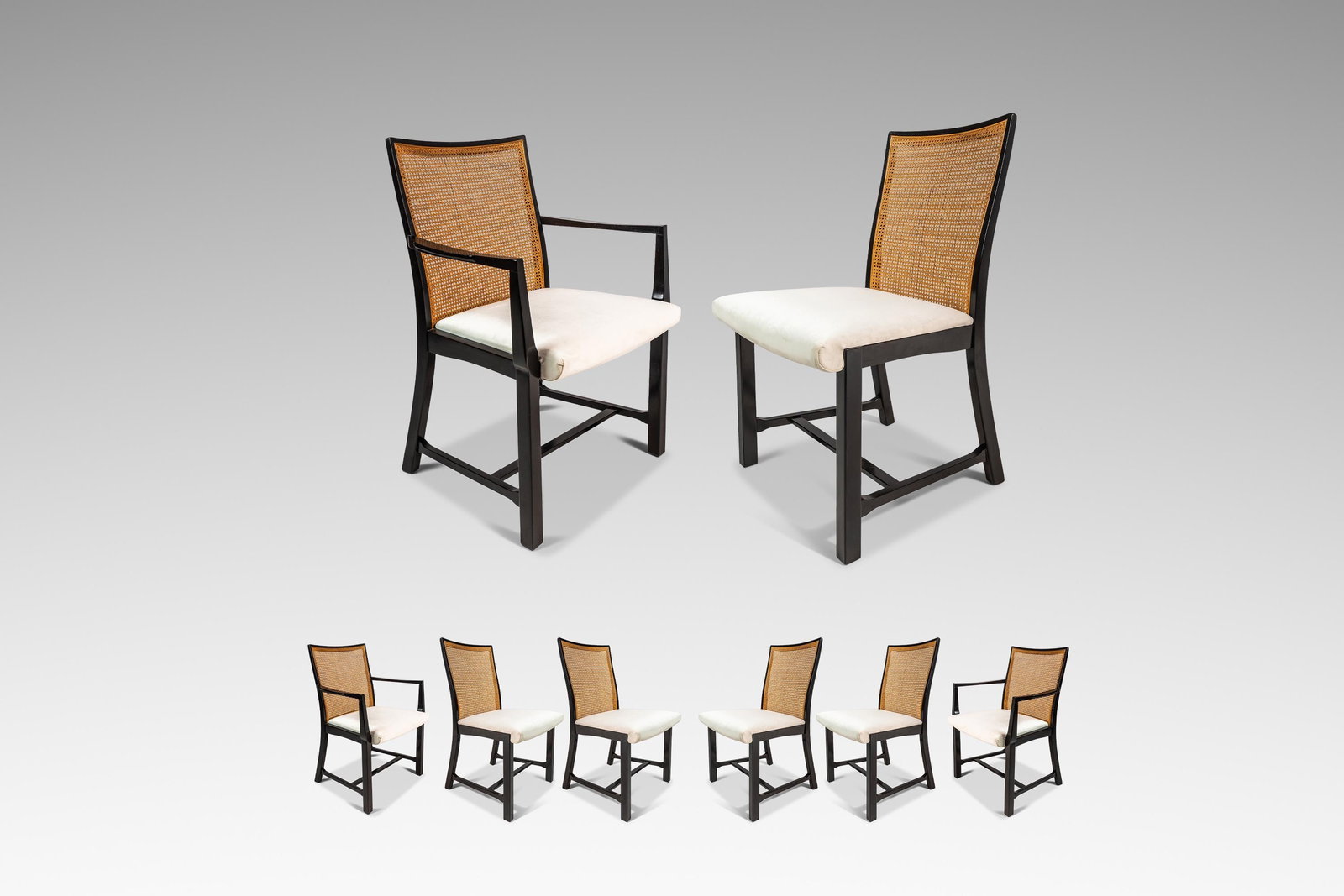 Set of 6 Mid-Century Modern Ebony Lacquered Dining Chairs by Michael Taylor for Baker: Set of 6 Mid-Century Modern Ebony Lacquered Dining Chairs by Michael Taylor for Baker This exceptional set of six dining chairs, designed by Michael Taylor for Baker Furniture in the 1960s, features f