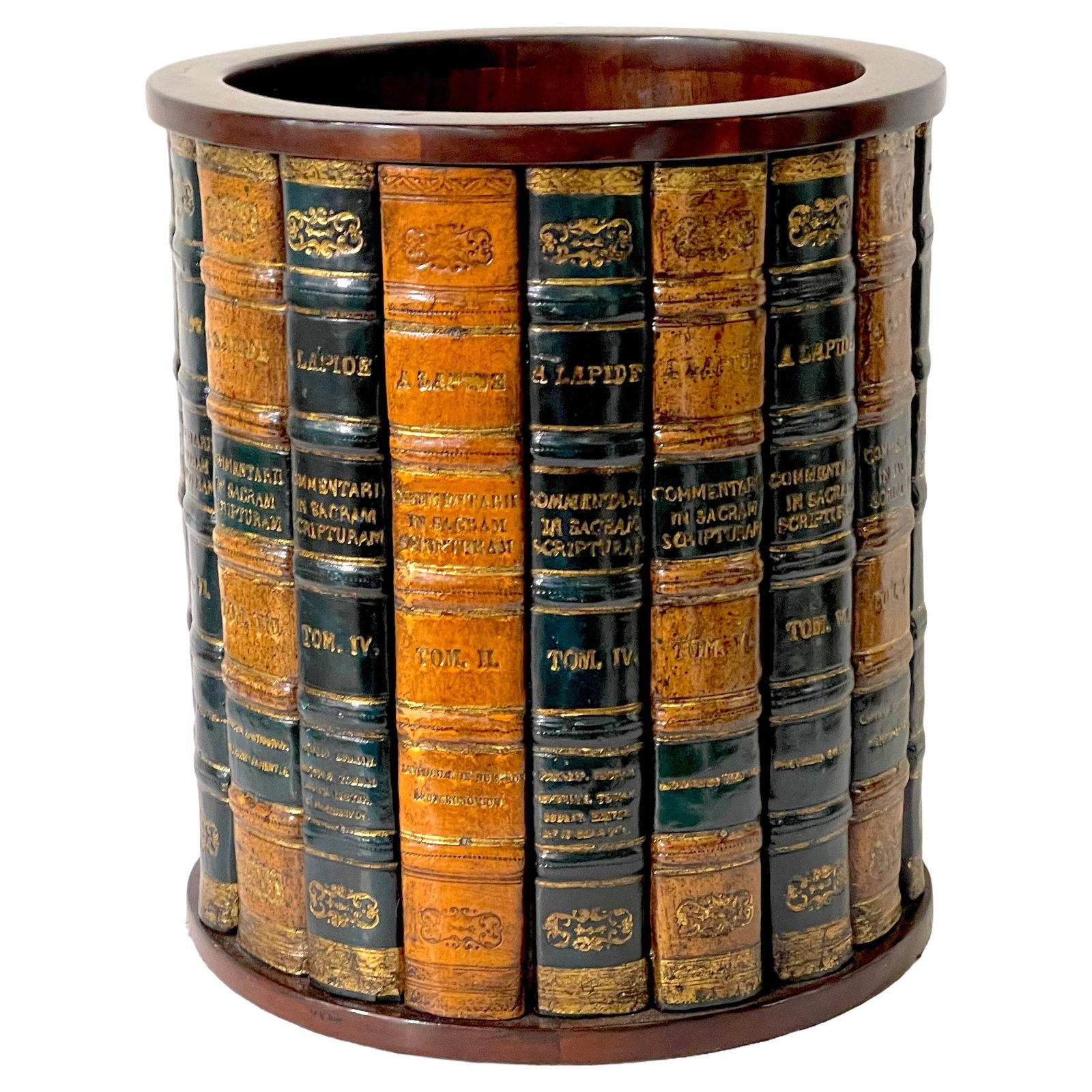 Regency Style Hardwood Leather Book Motif Wastepaper Basket England: Regency Style Hardwood Leather Book Motif Wastepaper Basket England Elevate your living space with this exquisite English Regency style hardwood and leather book motif trashcan/wastepaper basket. Craf