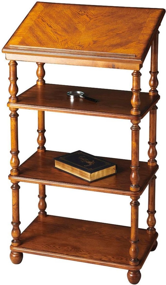 Alden Collection Library Stand Cherry Veneer Poplar Oak Finish: Alden Collection Library Stand Cherry Veneer Poplar Oak Finish This un-used library stand is crafted in a classic vintage style, featuring a cherry veneer and poplar construction with a vintage oak br