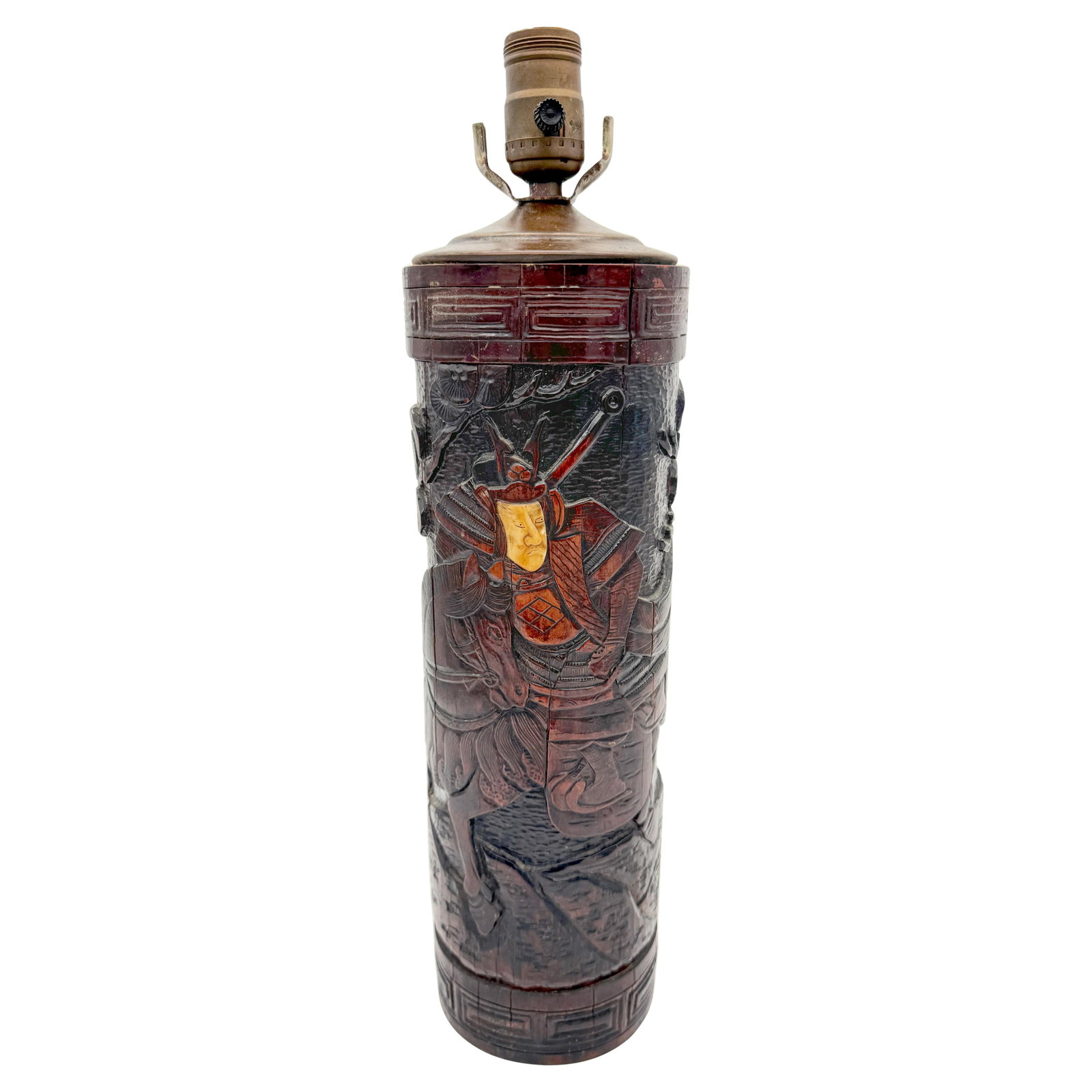 Meiji Era Bamboo Lamp with Bone Inlay Samurai Relief Japan c1900: Meiji Era Bamboo Lamp with Bone Inlay Samurai Relief Japan c1900 This antique Japanese lamp from the Meiji period (circa 1900) features a hand-carved bamboo base adorned with a detailed relief of a sa
