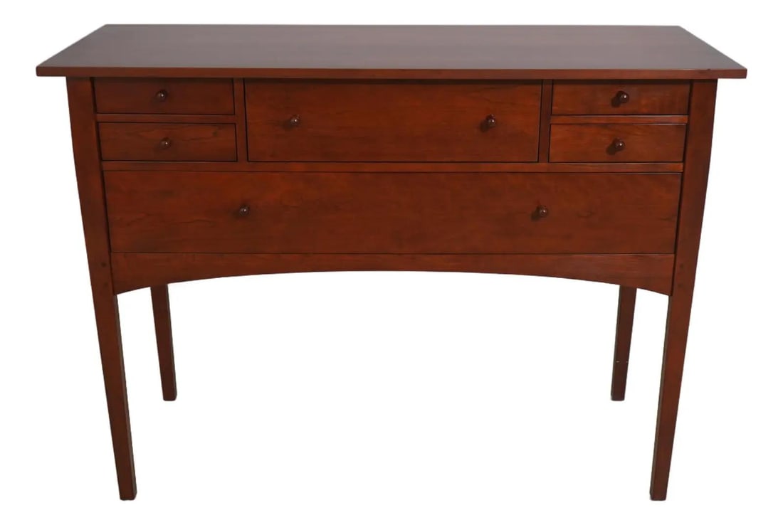 Stickley Arts & Crafts Cherry 6 Drawer Sideboard C.2008 Quality Construction: Stickley Arts & Crafts Cherry 6 Drawer Sideboard C.2008 Quality Construction This Stickley Arts & Crafts Cherry Sideboard, crafted around 2008, features a beautiful solid cherry construction with a ri