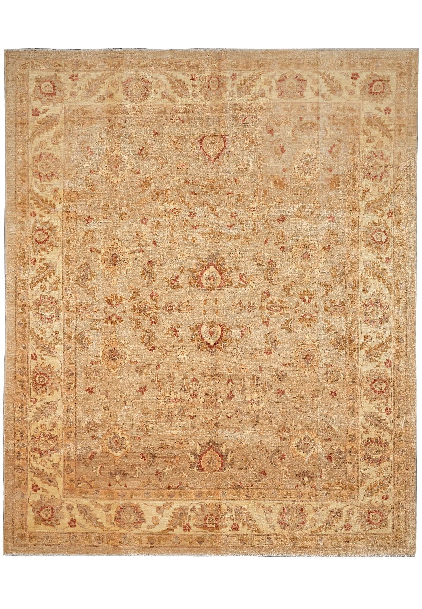 8 x 9.5 Handmade Zigler Chobi Peshawar Wool Rug Neutral Tones: 8 x 9.5 Handmade Zigler Chobi Peshawar Wool Rug Neutral Tones Free continental US Shipping This handmade Zigler Chobi Peshawar rug features a refined neutral palette with warm beige, soft gold, light 