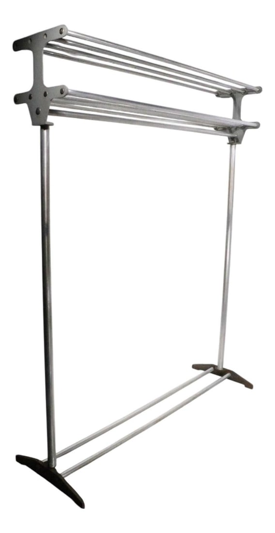 Large Industrial Aluminum and Iron Coat Rack 73" Tall: Large Industrial Aluminum and Iron Coat Rack 73" Tall This large industrial coat rack features a robust design, crafted from tubular aluminum and cast iron, making it an ideal addition to any commerci
