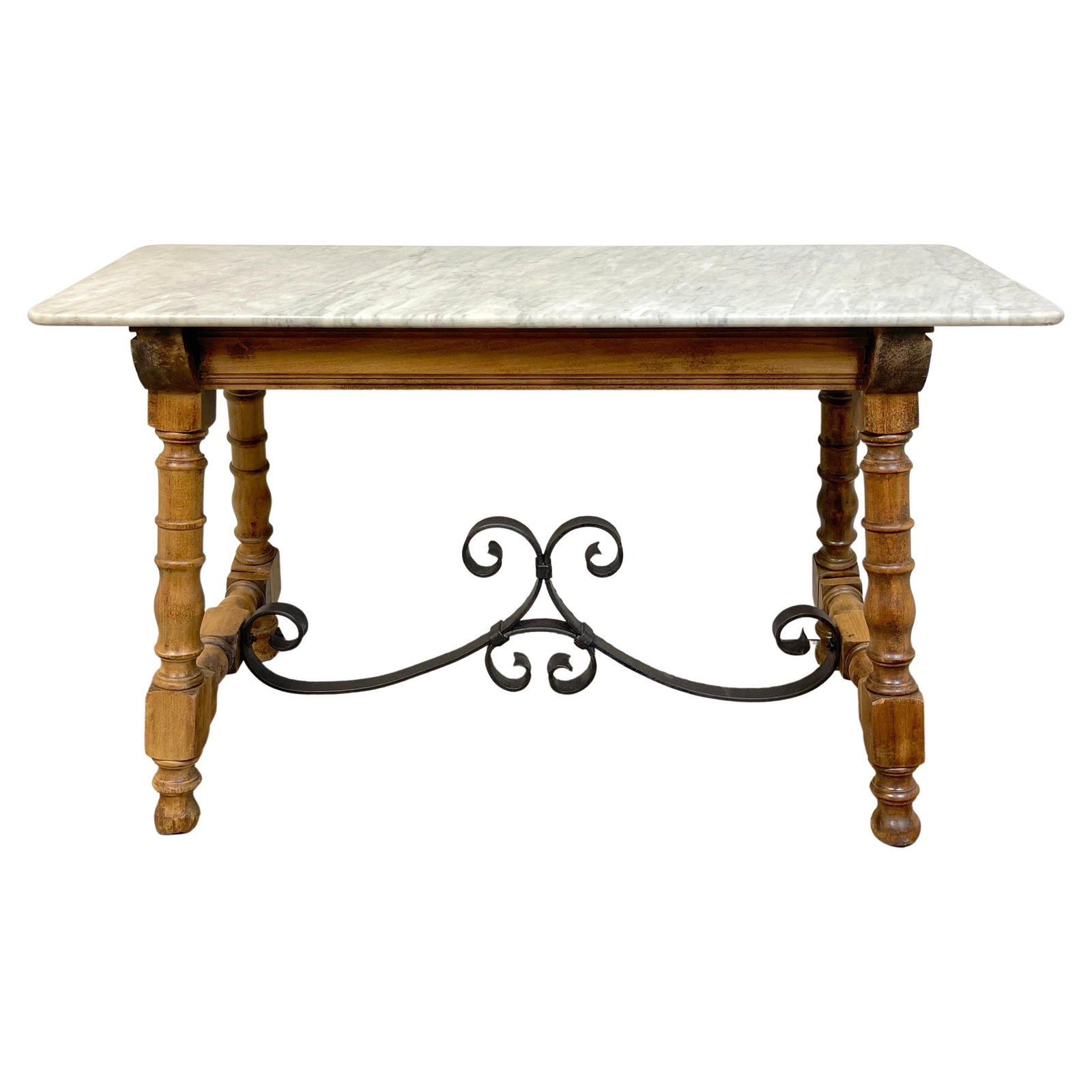 19th Century French Patisserie Console with Carrara Marble Top: 19th Century French Patisserie Console with Carrara Marble Top Discover the charm of 19th-century French craftsmanship with this exquisite Country French patisserie console/table. Made in France durin