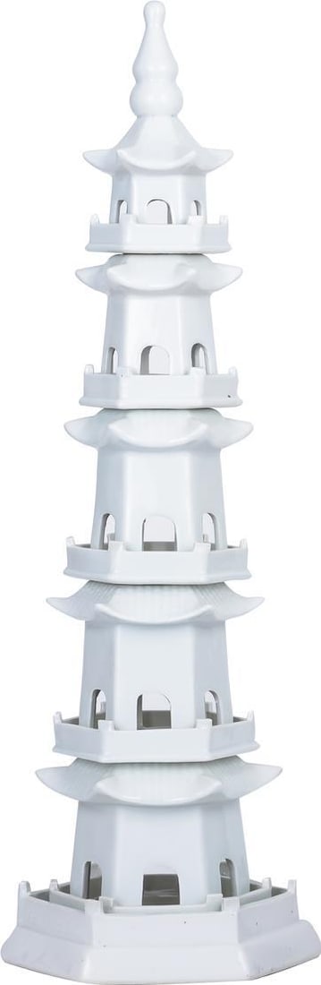 Hand-Crafted Ceramic Asian Pagoda Sculpture 32H x 11W x 11D: Hand-Crafted Ceramic Asian Pagoda Sculpture 32H x 11W x 11D Enhance your space with this exquisite hand-crafted ceramic pagoda, designed in an Asian antique style. Standing at 32 inches tall and measu