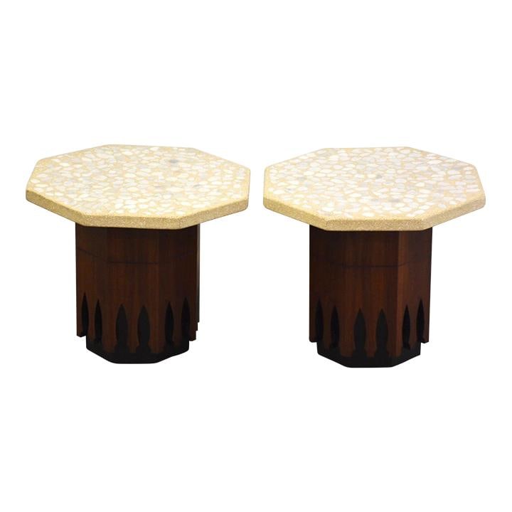 Mid Century Walnut Terrazzo End Tables by Harvey Probber Pair: Mid Century Walnut Terrazzo End Tables by Harvey Probber Pair This exquisite pair of mid-century modern end tables features a solid walnut base complemented by stunning terrazzo stone tops, designed b