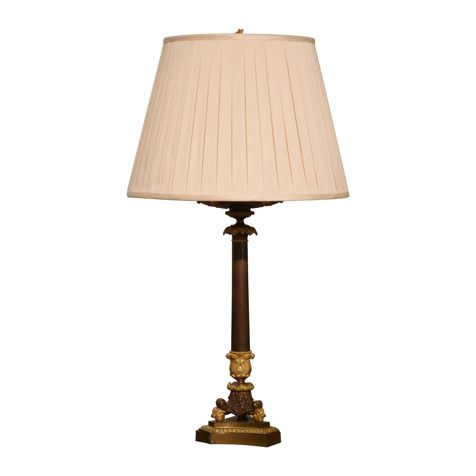 19th Century French Empire Two-Light Bronze Dore Candelabra Lamp: 19th Century French Empire Two-Light Bronze Dore Candelabra Lamp Illuminate your space with this exquisite 19th Century French Empire Bronze Dore Two-Light Candelabra Table Lamp, a stunning blend of e