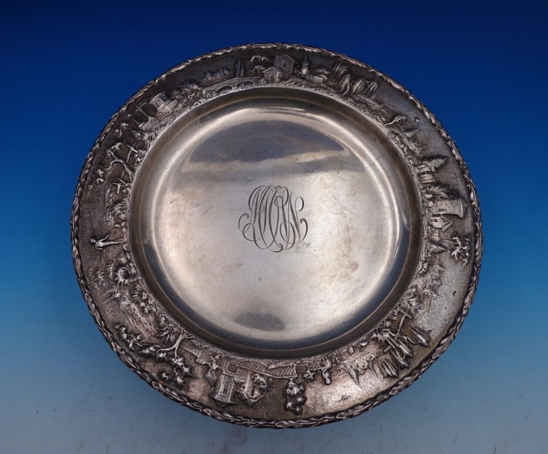 Kirk & Son Repousse Sterling Silver Architectural Plate 12.5" 2703: Kirk & Son Repousse Sterling Silver Architectural Plate 12.5" 2703 This exquisite architectural plate showcases the artistry of Kirk & Son Inc in their Repousse pattern. Crafted from sterling silver (