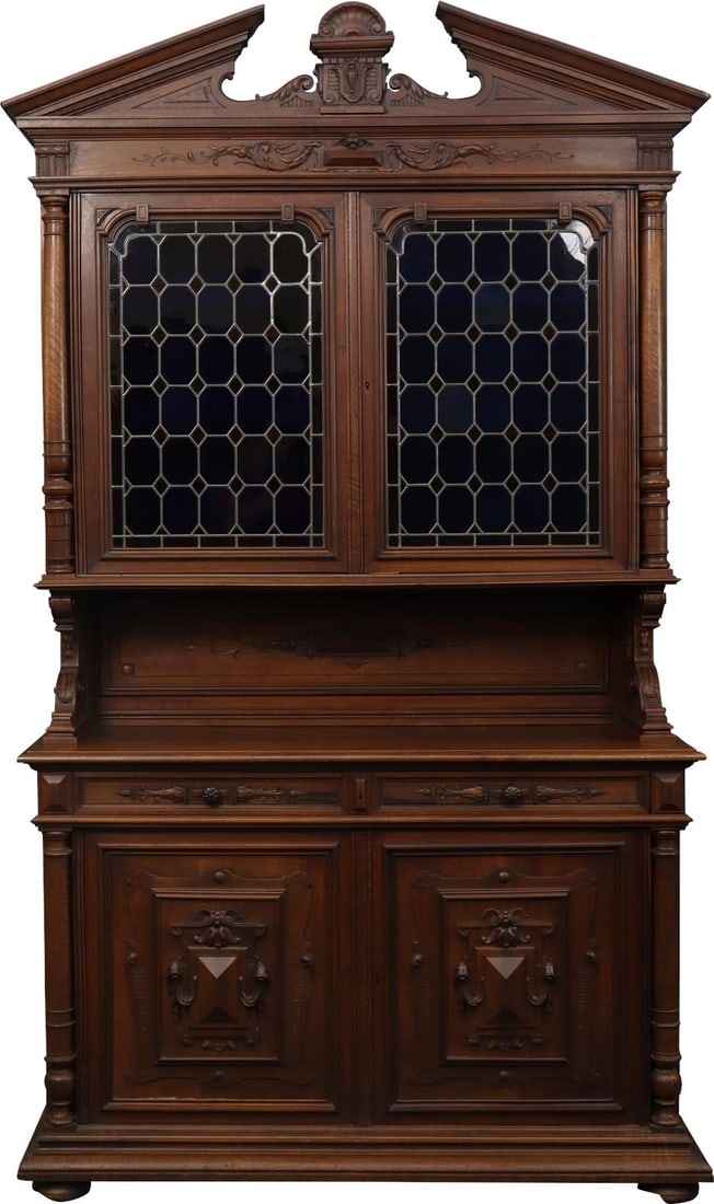 Antique French Buffet 1900 Henry II Style Blue Chestnut Dimpled Glass: Antique French Buffet 1900 Henry II Style Blue Chestnut Dimpled Glass This large antique French buffet showcases the elegant Henry II style, crafted in 1900. Featuring a striking blue chestnut finish,
