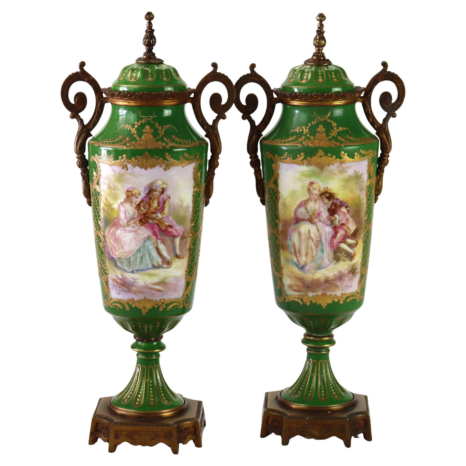 Antique Limoges Porcelain Ormolu Urns Set of 2 c1890: Antique Limoges Porcelain Ormolu Urns Set of 2 c1890 This exquisite pair of antique Limoges porcelain urns, crafted around 1890, features stunning hand-painted genre scenes and landscape panels that d
