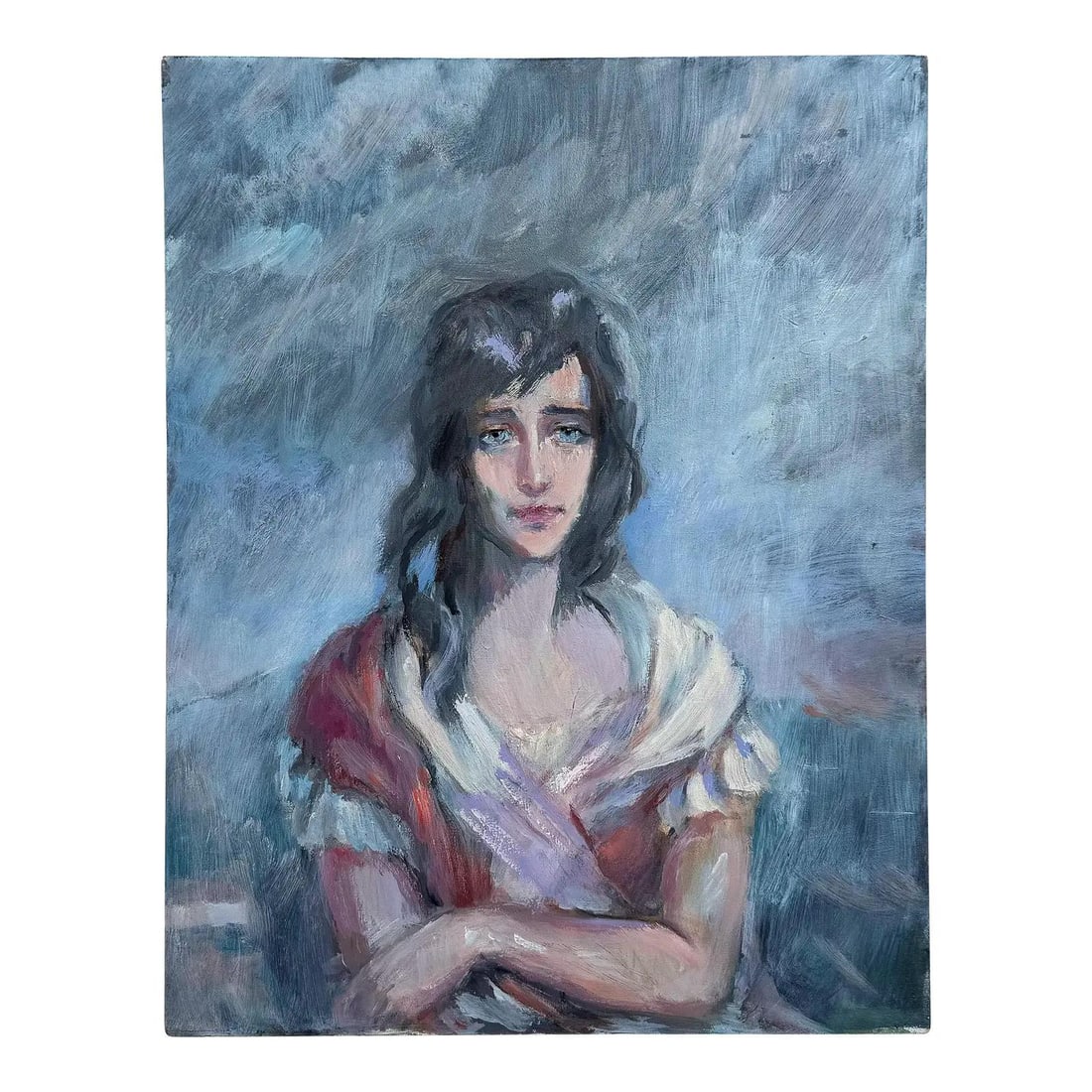 Expressive Oil Portrait on Canvas of Young Woman in Red and White Dress: Expressive Oil Portrait on Canvas of Young Woman in Red and White Dress This vintage boho oil on canvas features an abstract portrait of a young woman, characterized by loose, expressive brushwork and