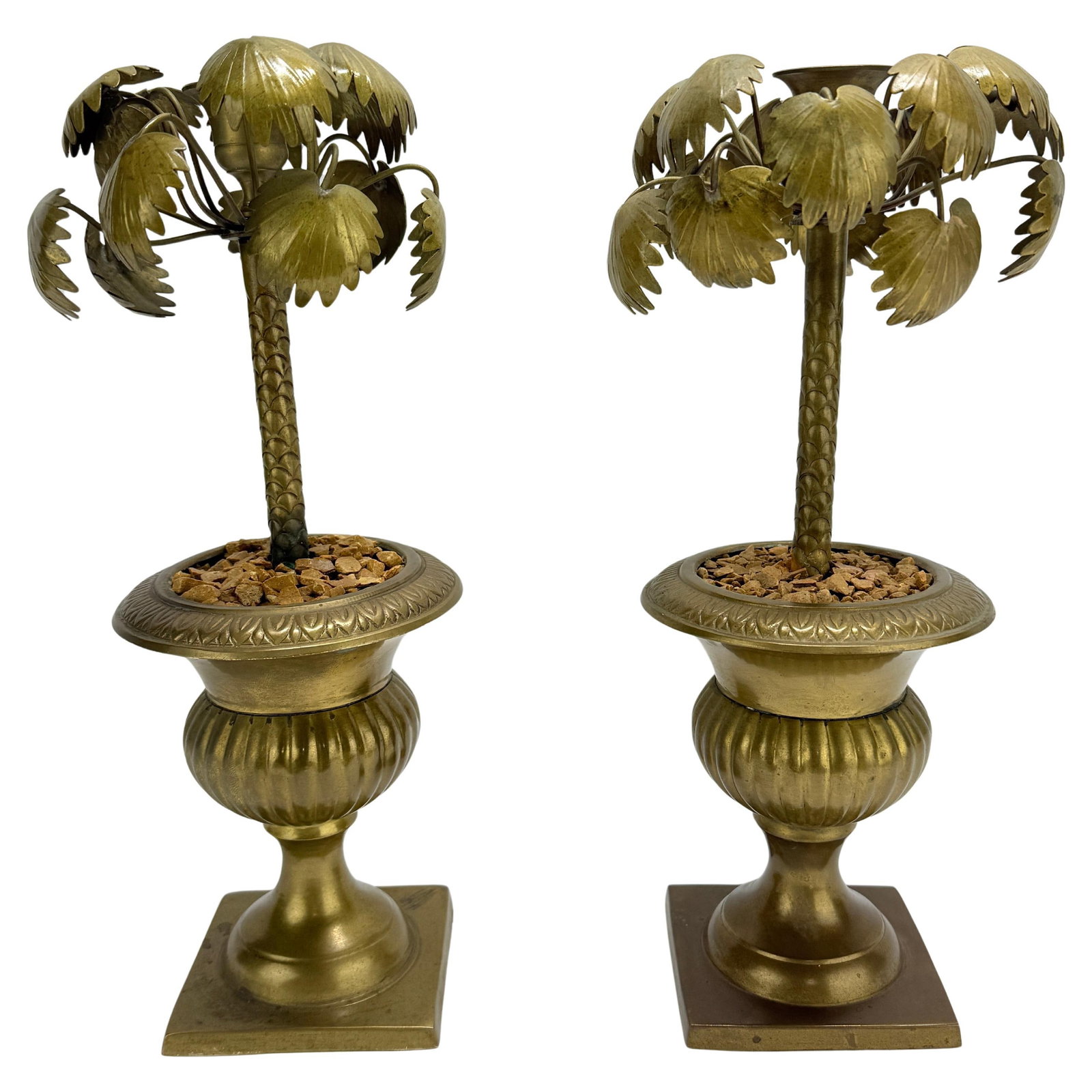 Set of 2 Brass Palm Tree Candlesticks on Urn Pedestals Italian Midcentury: Set of 2 Brass Palm Tree Candlesticks on Urn Pedestals Italian Midcentury This set of two vintage candlesticks features brass construction and is designed in the form of stylized palm trees rising fro